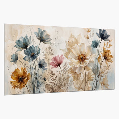 Airy blue, ochre and blush flowers on a warm cream background single poster print on a white background