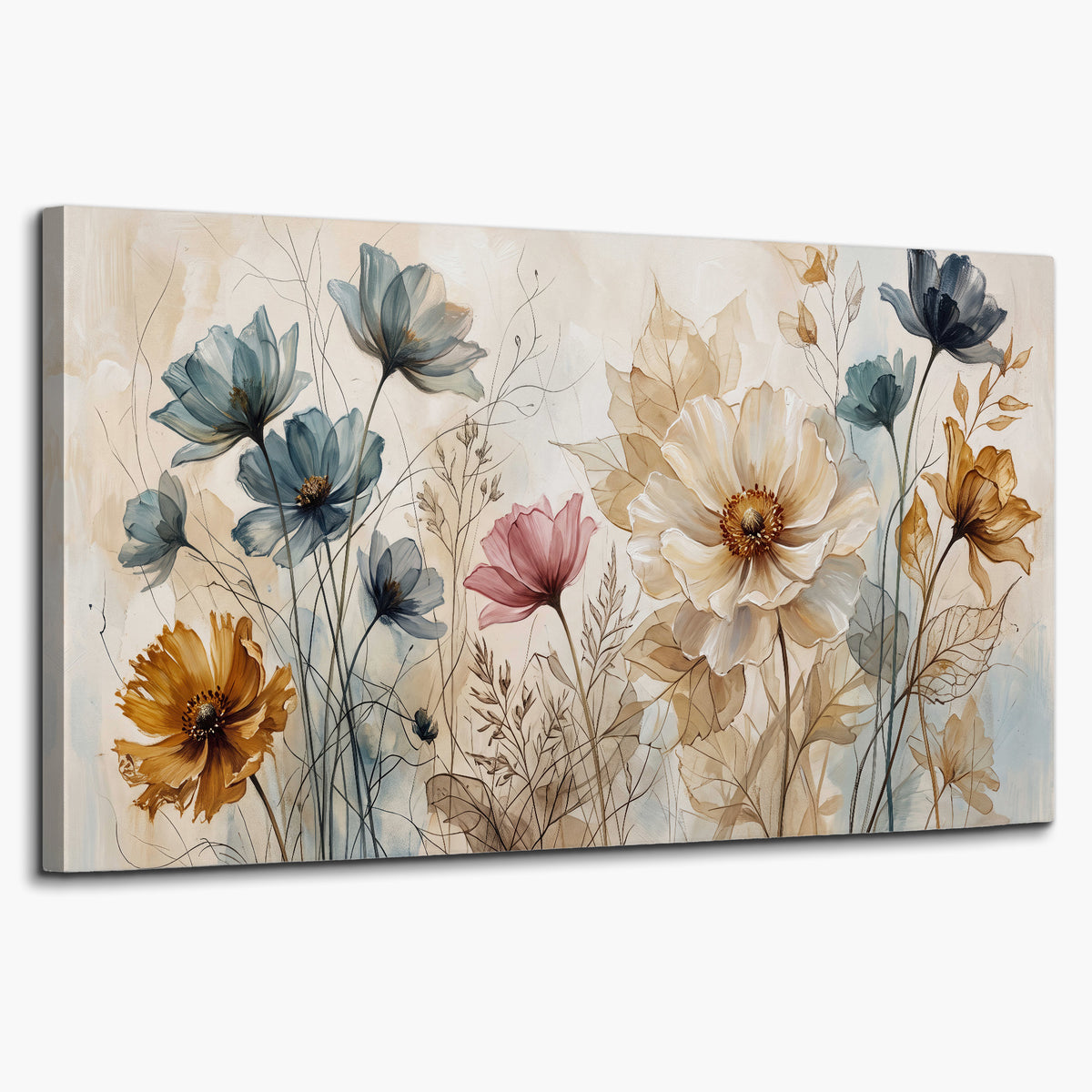 Airy blue, ochre and blush flowers on a warm cream background single canvas wall art on a white background