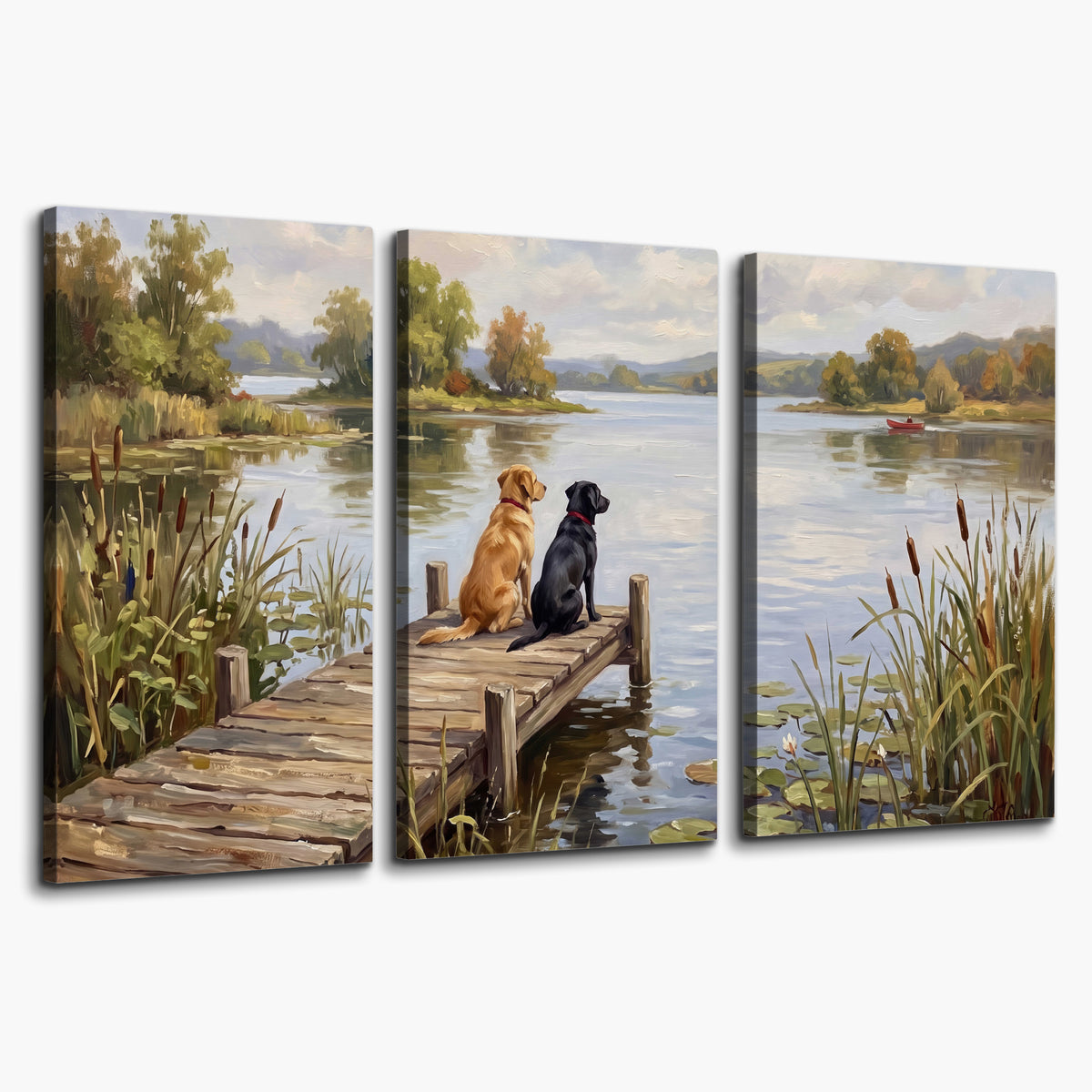 Two dogs sitting together on a wooden dock overlooking a peaceful lake 3 piece canvas wall art on a white background