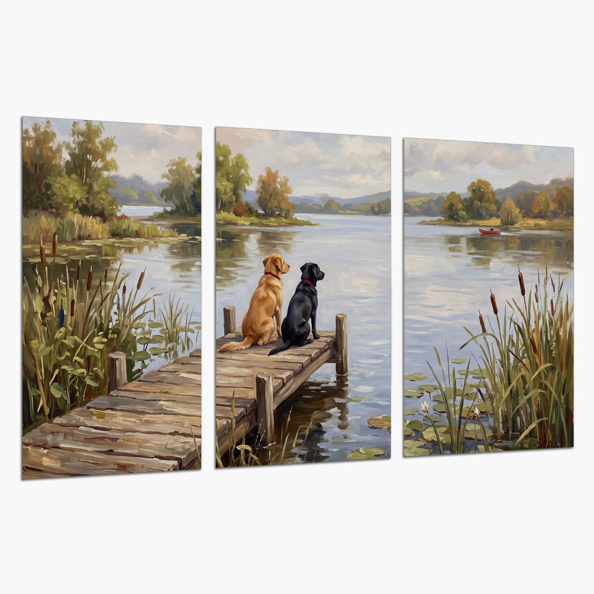 Two dogs sitting together on a wooden dock overlooking a peaceful lake set of 3 poster prints on a white background