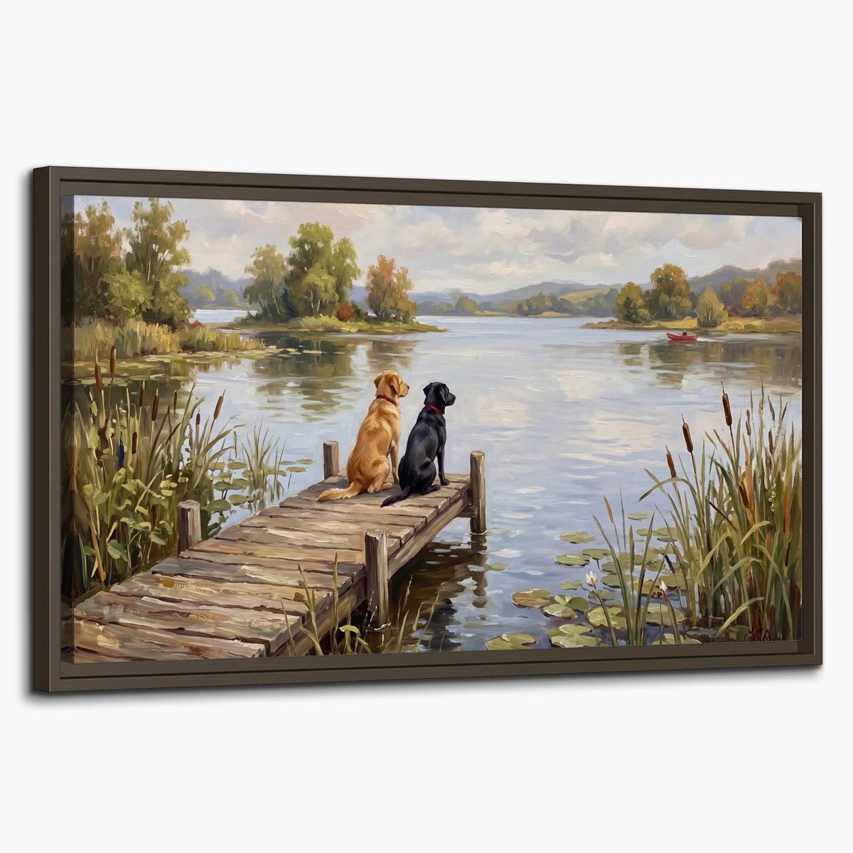 Two dogs sitting together on a wooden dock overlooking a peaceful lake single framed canvas wall art on a white background