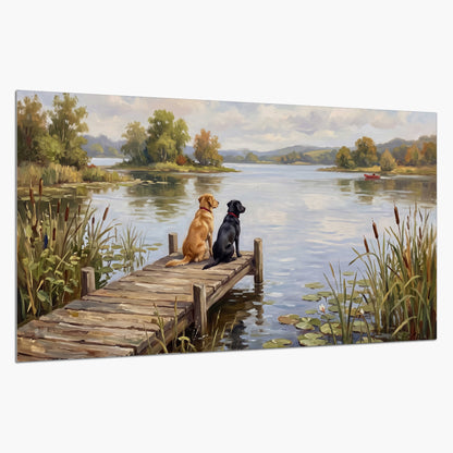 Two dogs sitting together on a wooden dock overlooking a peaceful lake single poster print on a white background