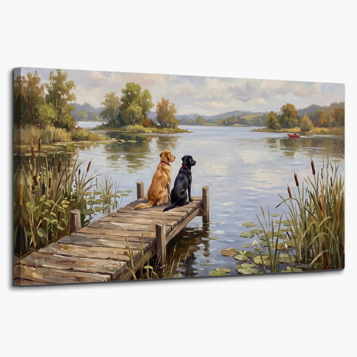 Two dogs sitting together on a wooden dock overlooking a peaceful lake single canvas wall art on a white background