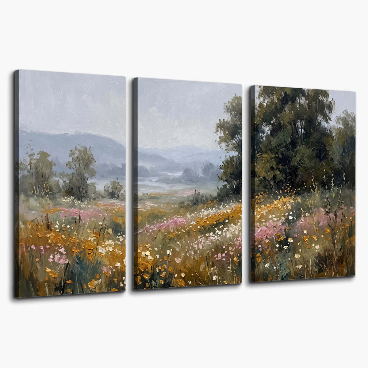 A flower-filled meadow overlooking soft blue mountain ridges 3 piece canvas wall art on a white background