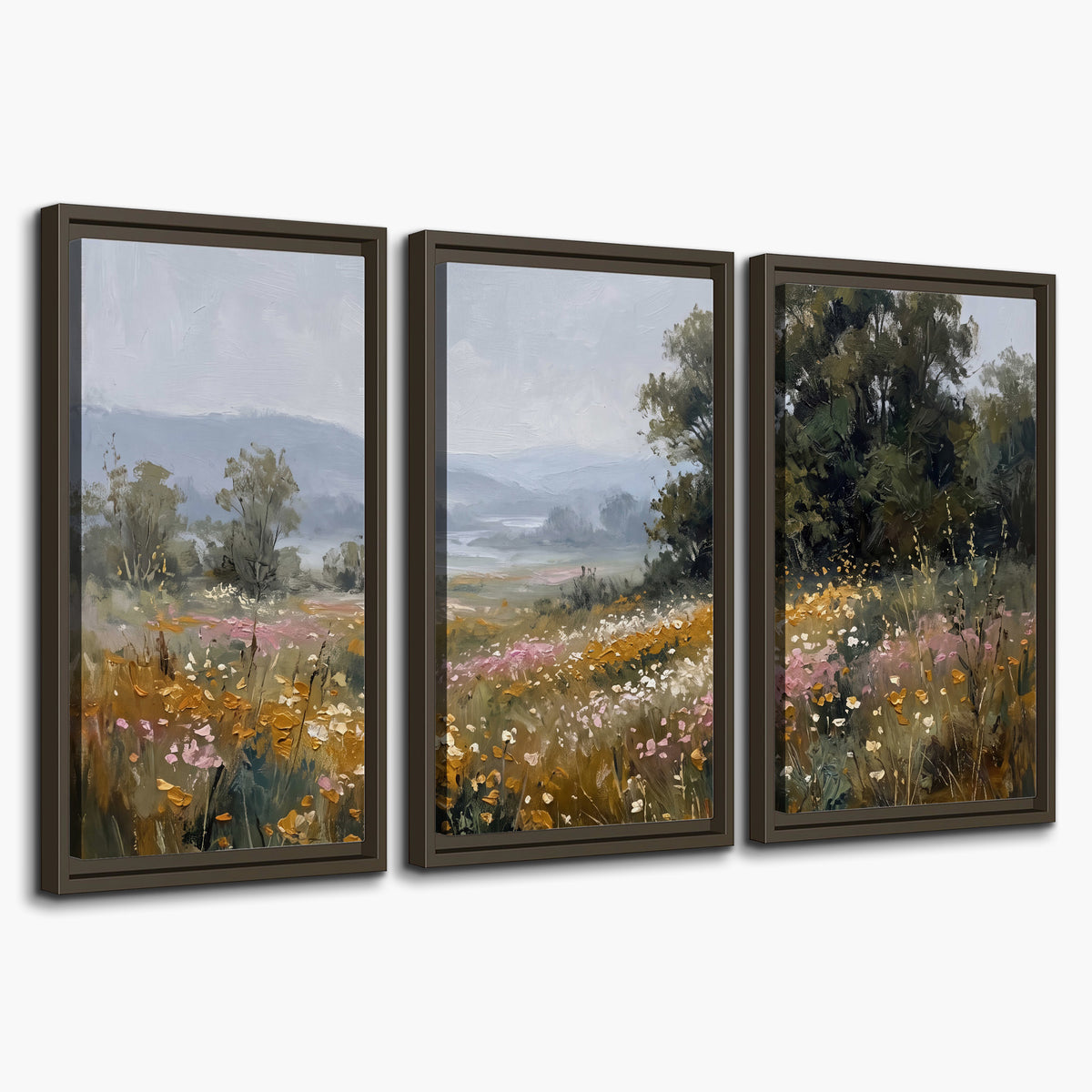 A flower-filled meadow overlooking soft blue mountain ridges 3 piece framed canvas wall art on a white background