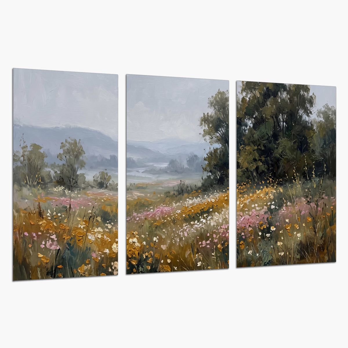 A flower-filled meadow overlooking soft blue mountain ridges set of 3 poster prints on a white background