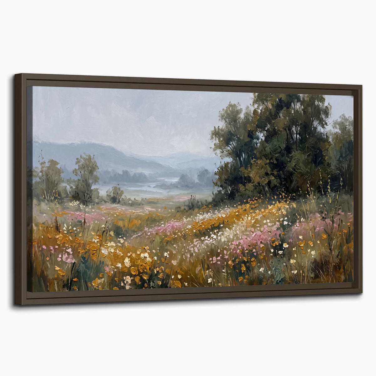 A flower-filled meadow overlooking soft blue mountain ridges single framed canvas wall art on a white background