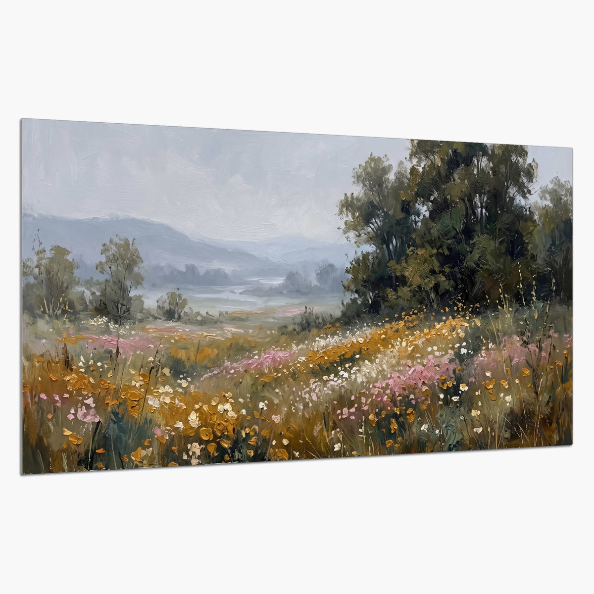A flower-filled meadow overlooking soft blue mountain ridges single poster print on a white background