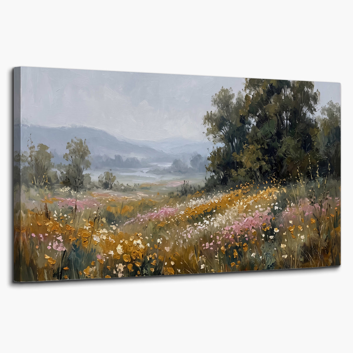 A flower-filled meadow overlooking soft blue mountain ridges single canvas wall art on a white background