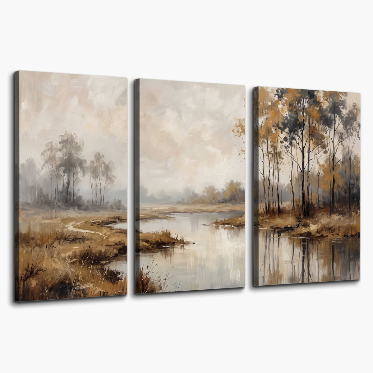 Warm autumn trees beside a quiet reflective river 3 piece canvas wall art on a white background