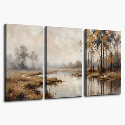 Warm autumn trees beside a quiet reflective river 3 piece canvas wall art on a white background
