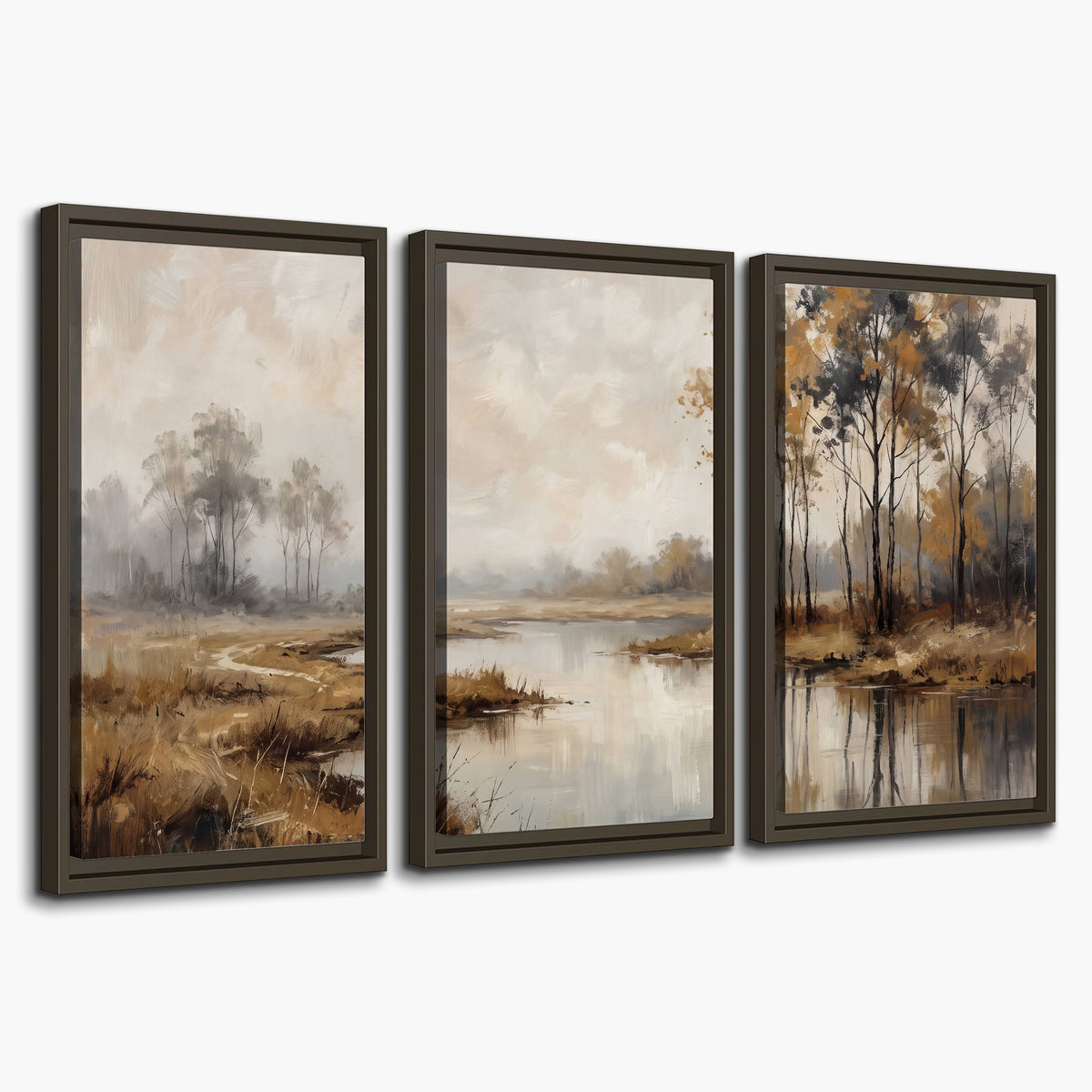 Warm autumn trees beside a quiet reflective river 3 piece framed canvas wall art on a white background
