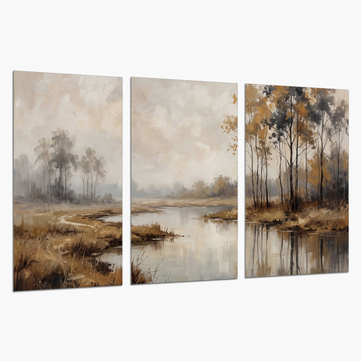 Warm autumn trees beside a quiet reflective river set of 3 poster prints on a white background