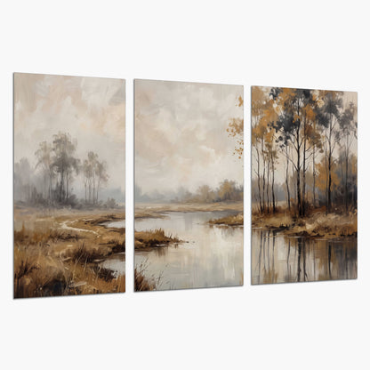 Warm autumn trees beside a quiet reflective river set of 3 poster prints on a white background
