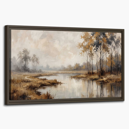 Warm autumn trees beside a quiet reflective river single framed canvas wall art on a white background