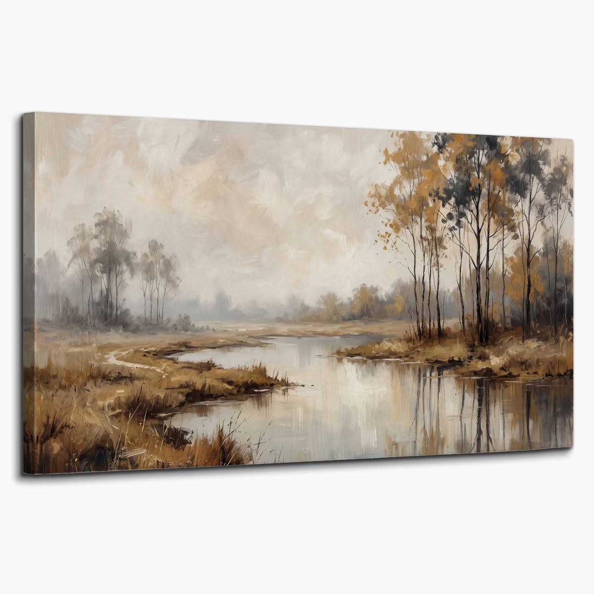 Warm autumn trees beside a quiet reflective river single canvas wall art on a white background