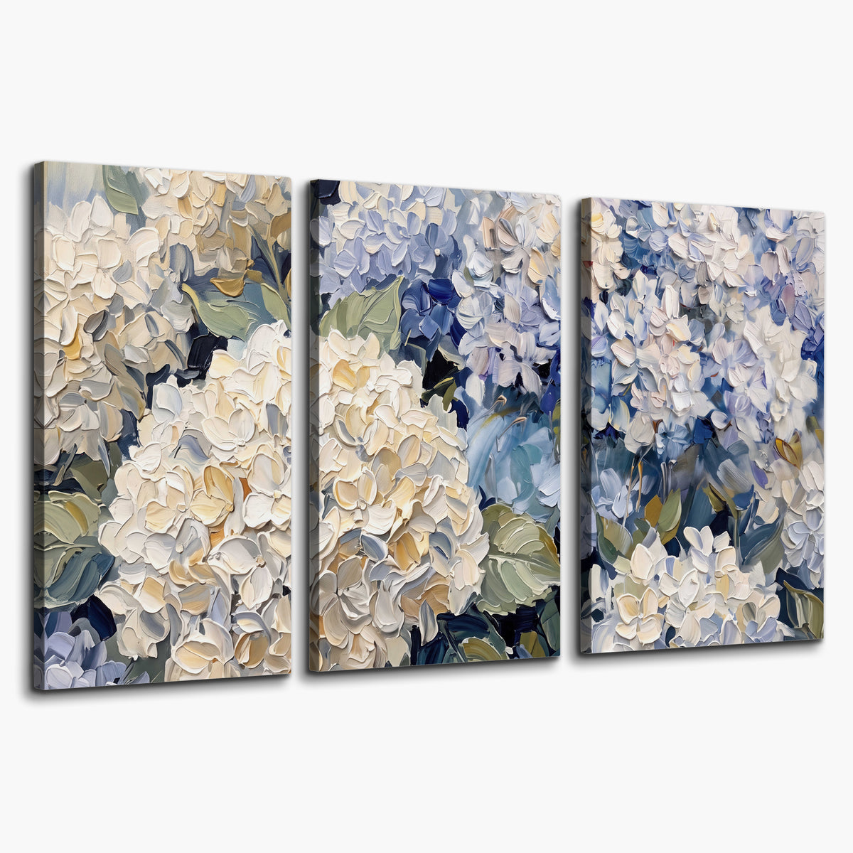 Clusters of pale blue and ivory hydrangea blossoms 3 piece canvas wall art on a white background