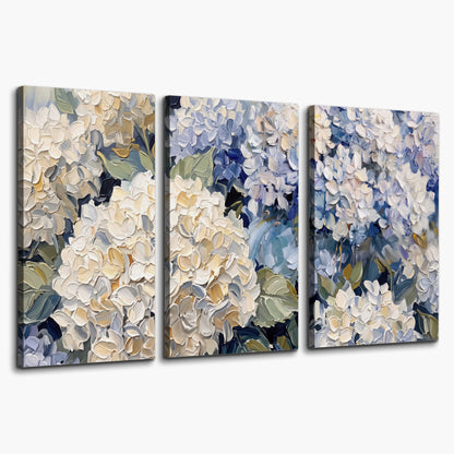 Clusters of pale blue and ivory hydrangea blossoms 3 piece canvas wall art on a white background