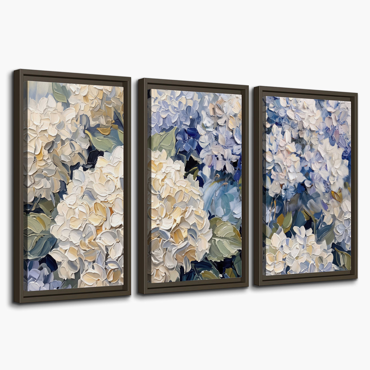 Clusters of pale blue and ivory hydrangea blossoms 3 piece framed canvas wall art on a white background