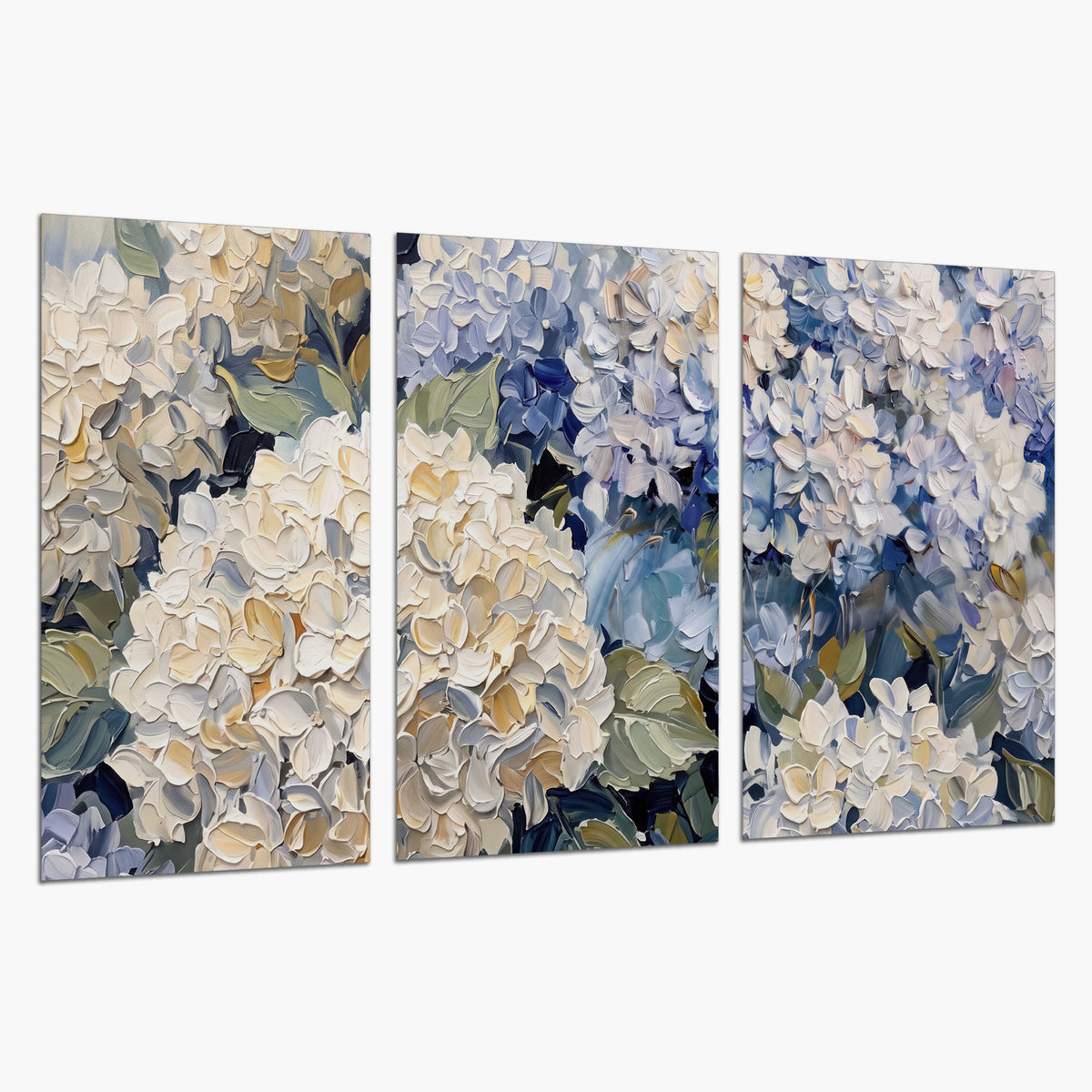 Clusters of pale blue and ivory hydrangea blossoms set of 3 poster prints on a white background