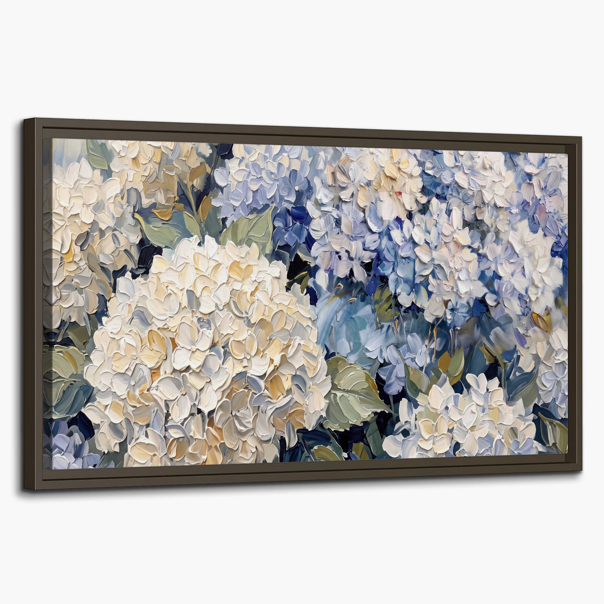 Clusters of pale blue and ivory hydrangea blossoms single framed canvas wall art on a white background
