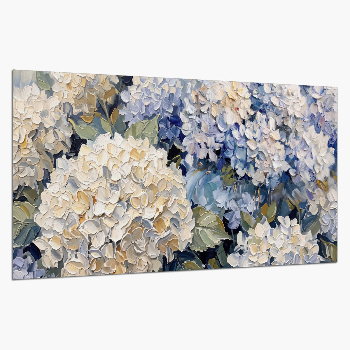 Clusters of pale blue and ivory hydrangea blossoms single poster print on a white background