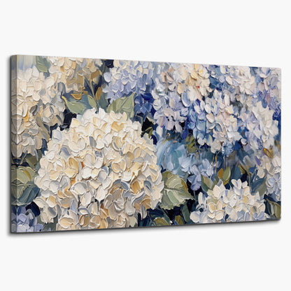 Clusters of pale blue and ivory hydrangea blossoms single canvas wall art on a white background