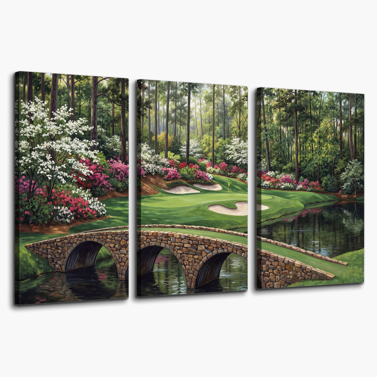 An arched stone bridge beside a landscaped golf course and reflective pond 3 piece canvas wall art on a white background