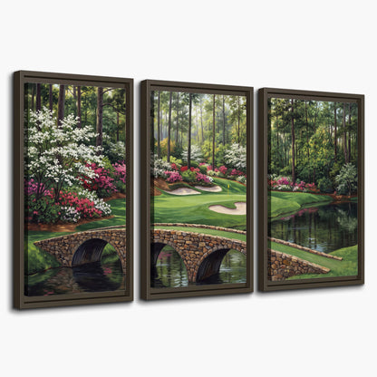 An arched stone bridge beside a landscaped golf course and reflective pond 3 piece framed canvas wall art on a white background