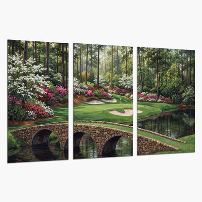 An arched stone bridge beside a landscaped golf course and reflective pond set of 3 poster prints on a white background