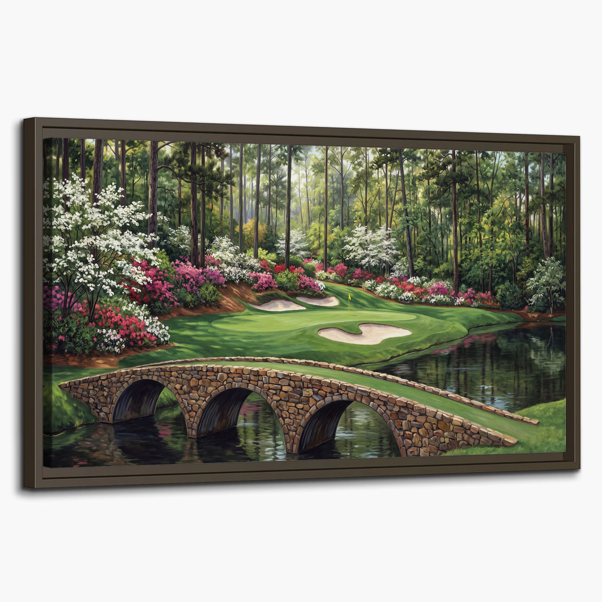 An arched stone bridge beside a landscaped golf course and reflective pond single framed canvas wall art on a white background