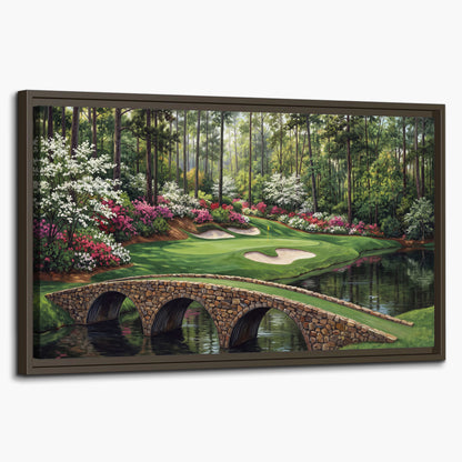 An arched stone bridge beside a landscaped golf course and reflective pond single framed canvas wall art on a white background