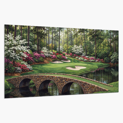 An arched stone bridge beside a landscaped golf course and reflective pond single poster print on a white background