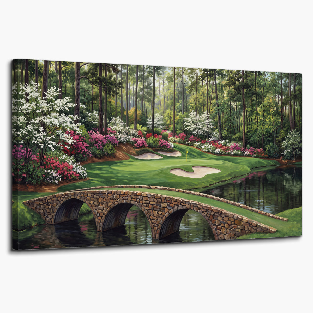 An arched stone bridge beside a landscaped golf course and reflective pond single canvas wall art on a white background