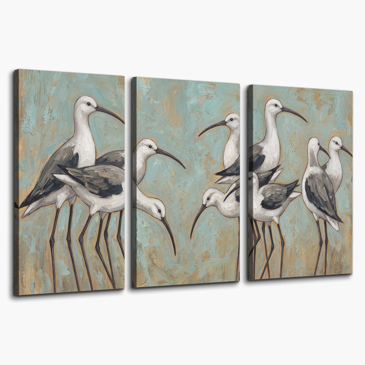 Long-legged white and gray wading birds against a muted aqua background 3 piece canvas wall art on a white background