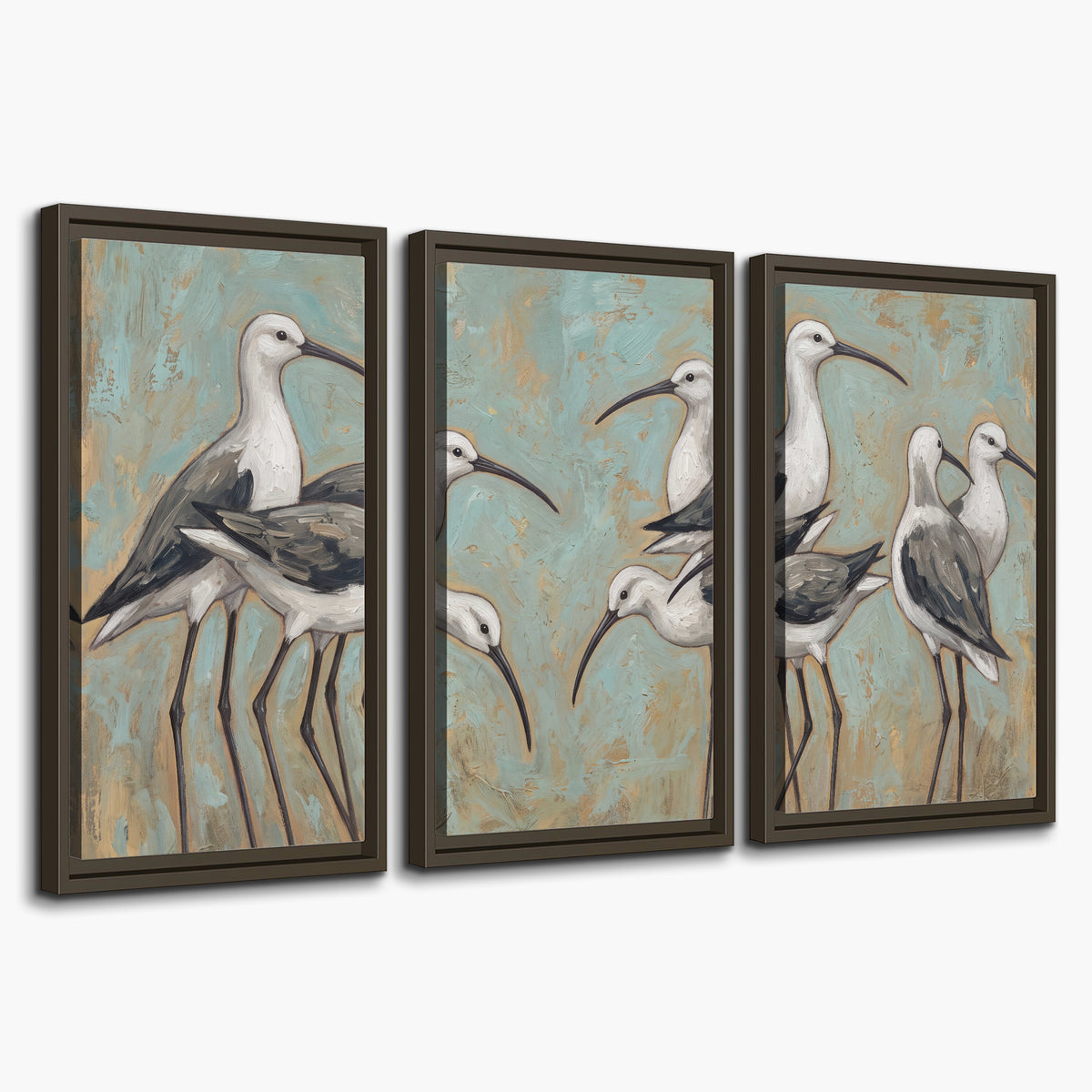 Long-legged white and gray wading birds against a muted aqua background 3 piece framed canvas wall art on a white background