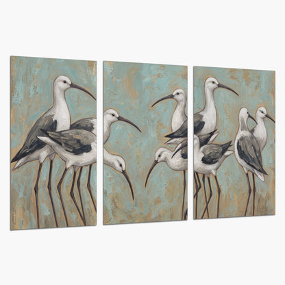 Long-legged white and gray wading birds against a muted aqua background set of 3 poster prints on a white background