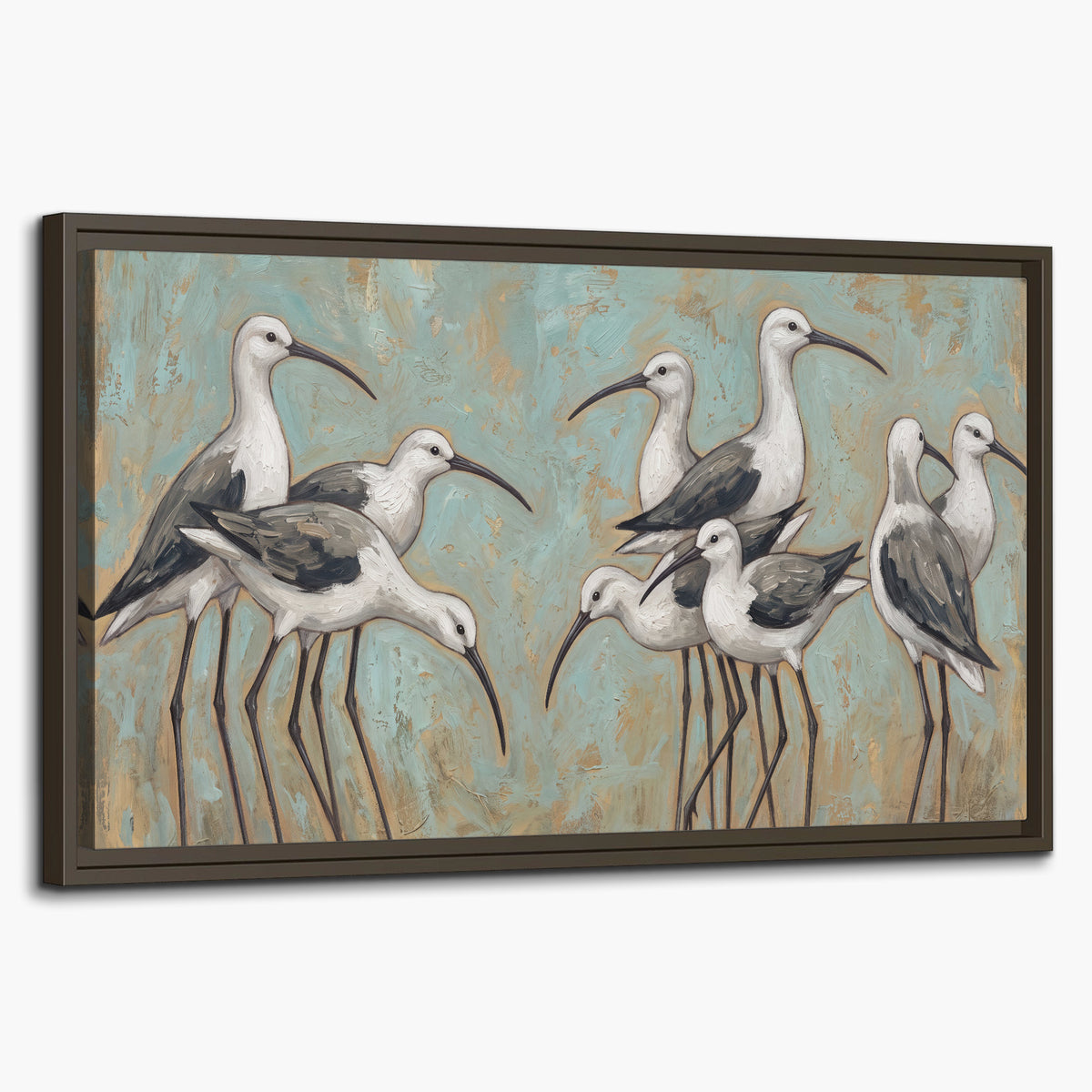Long-legged white and gray wading birds against a muted aqua background single framed canvas wall art on a white background