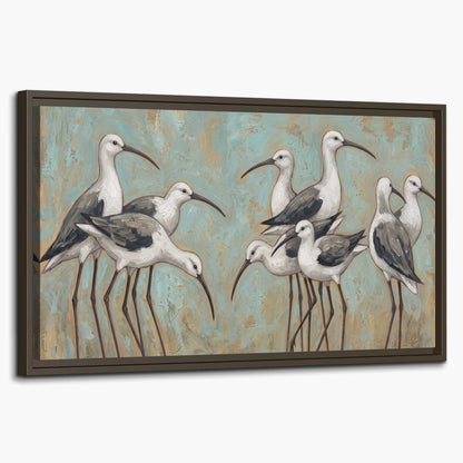 Long-legged white and gray wading birds against a muted aqua background single framed canvas wall art on a white background