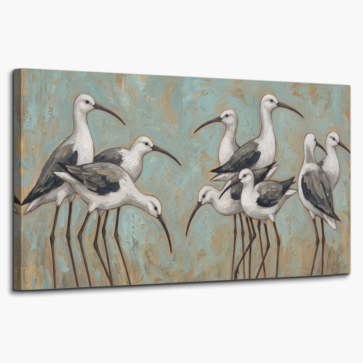 Long-legged white and gray wading birds against a muted aqua background single canvas wall art on a white background
