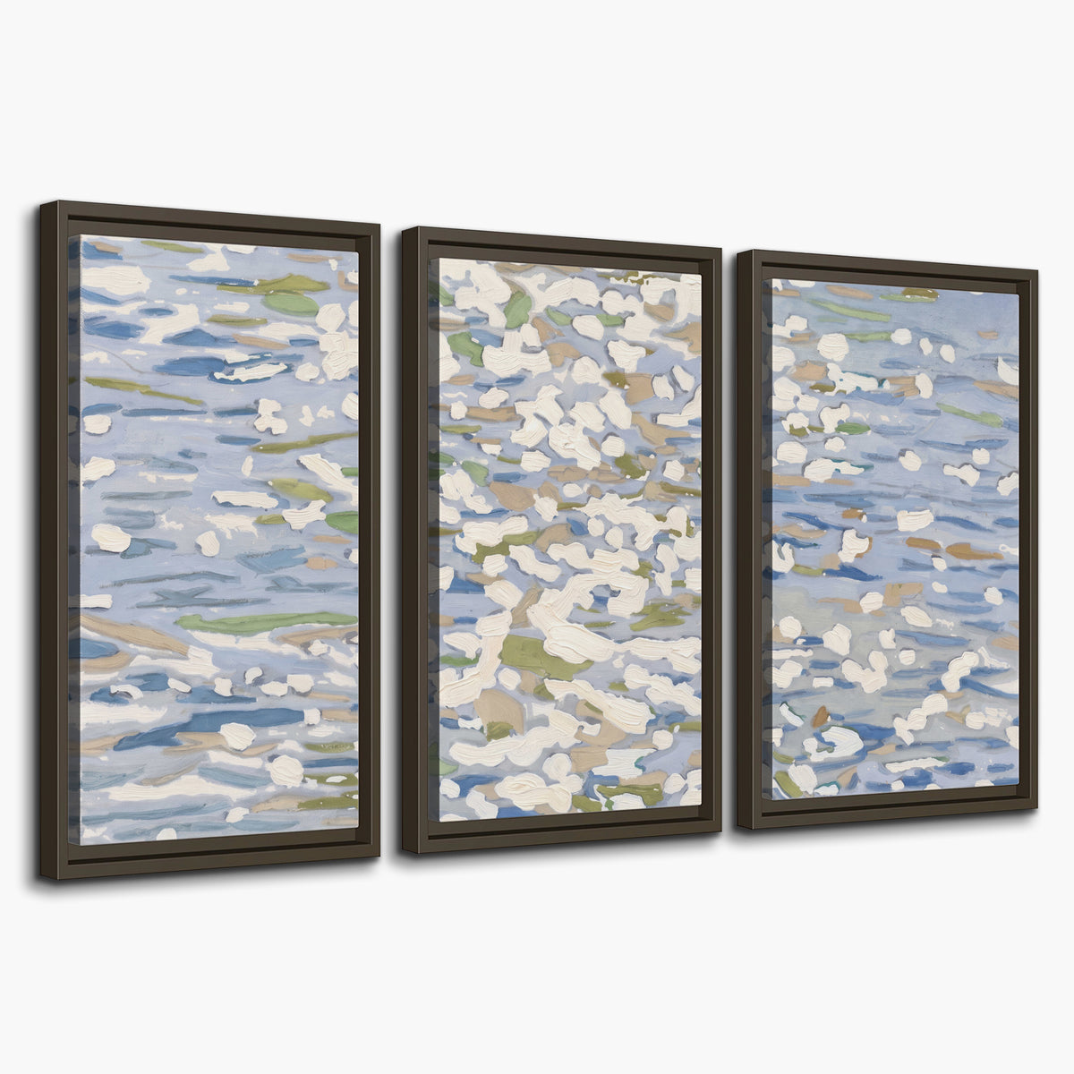 Loose pale blue, white and soft green marks suggesting shimmering water 3 piece framed canvas wall art on a white background