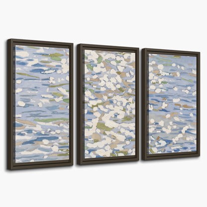 Loose pale blue, white and soft green marks suggesting shimmering water 3 piece framed canvas wall art on a white background
