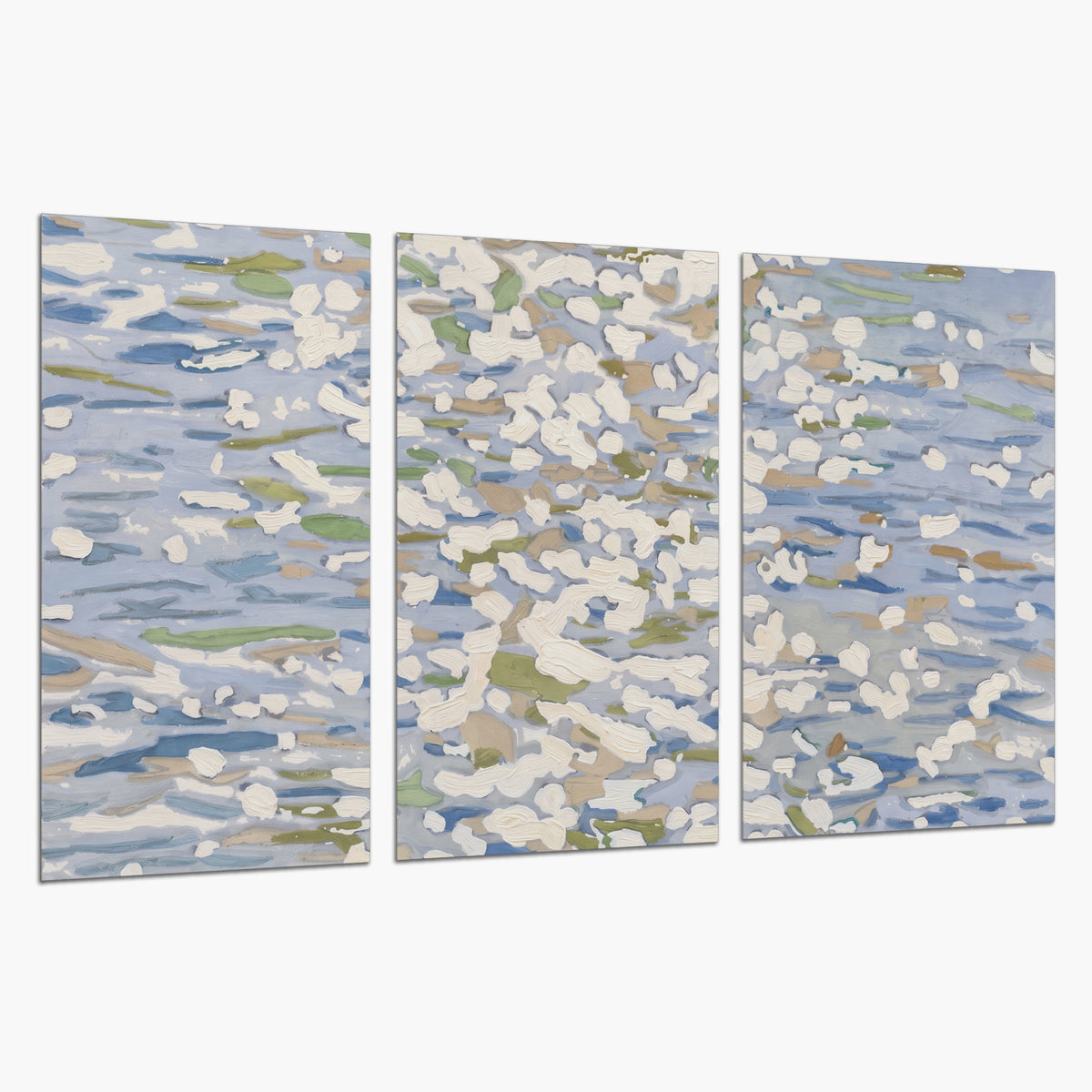 Loose pale blue, white and soft green marks suggesting shimmering water set of 3 poster prints on a white background