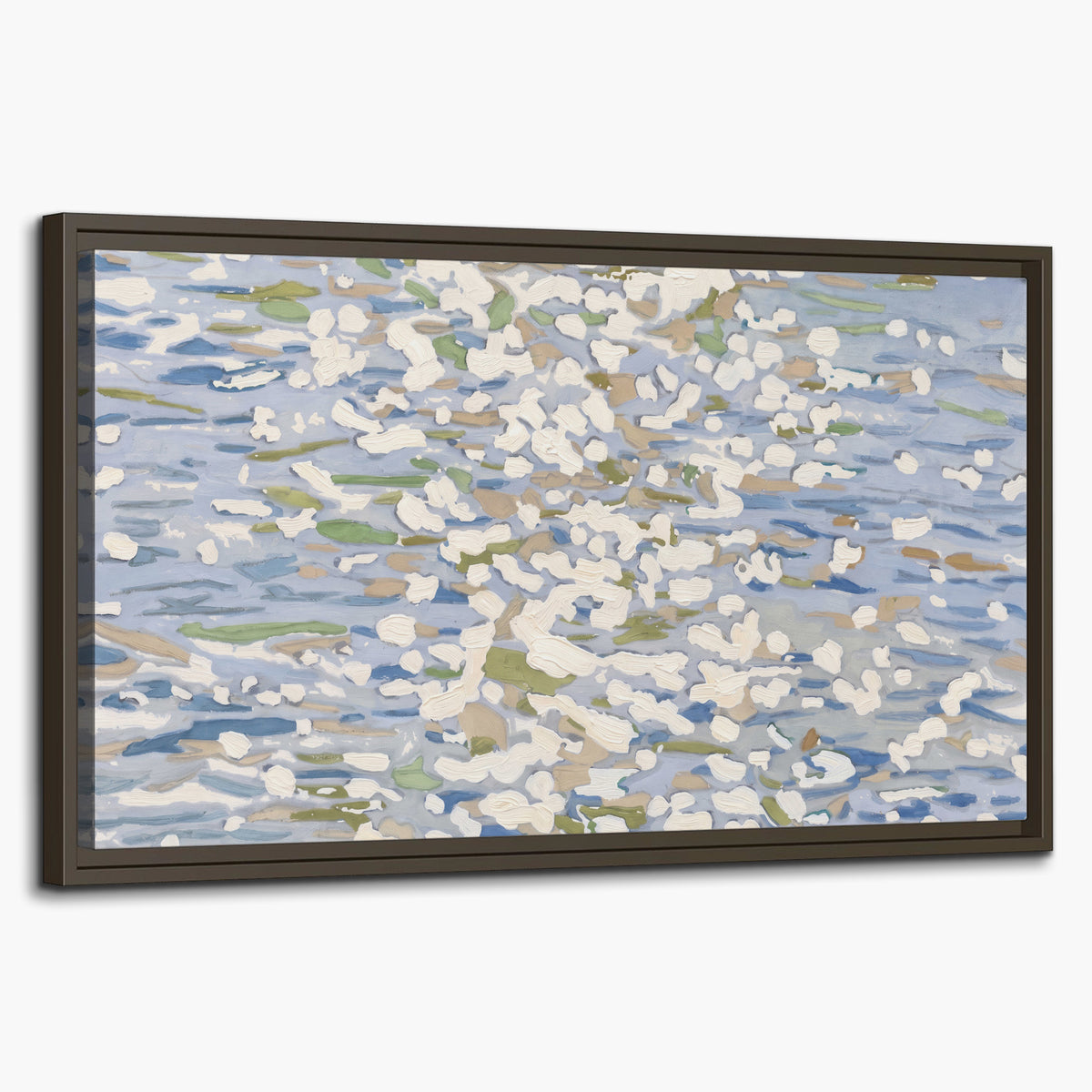 Loose pale blue, white and soft green marks suggesting shimmering water single framed canvas wall art on a white background