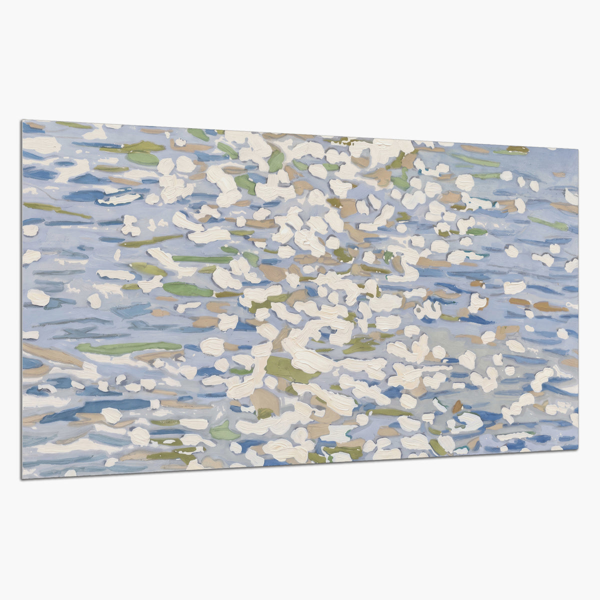 Loose pale blue, white and soft green marks suggesting shimmering water single poster print on a white background
