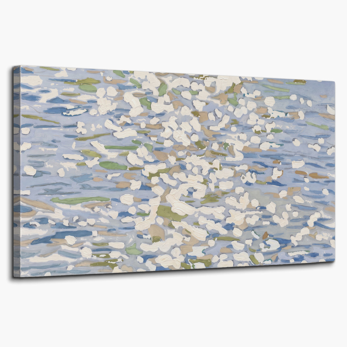 Loose pale blue, white and soft green marks suggesting shimmering water single canvas wall art on a white background