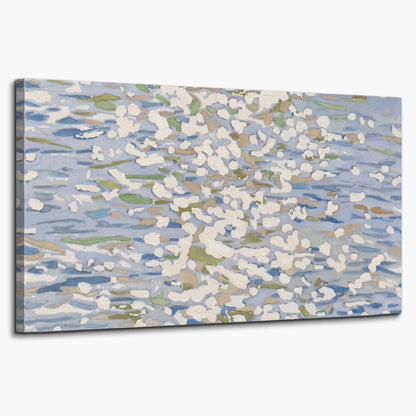 Loose pale blue, white and soft green marks suggesting shimmering water single canvas wall art on a white background