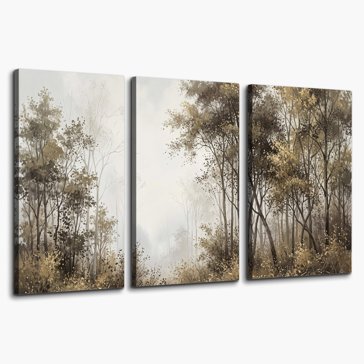 Tall autumn trees framing a pale misty woodland clearing 3 piece canvas wall art on a white background