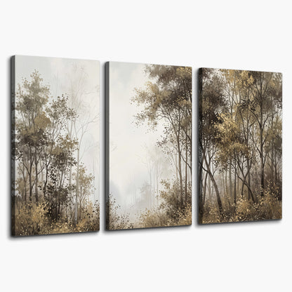 Tall autumn trees framing a pale misty woodland clearing 3 piece canvas wall art on a white background