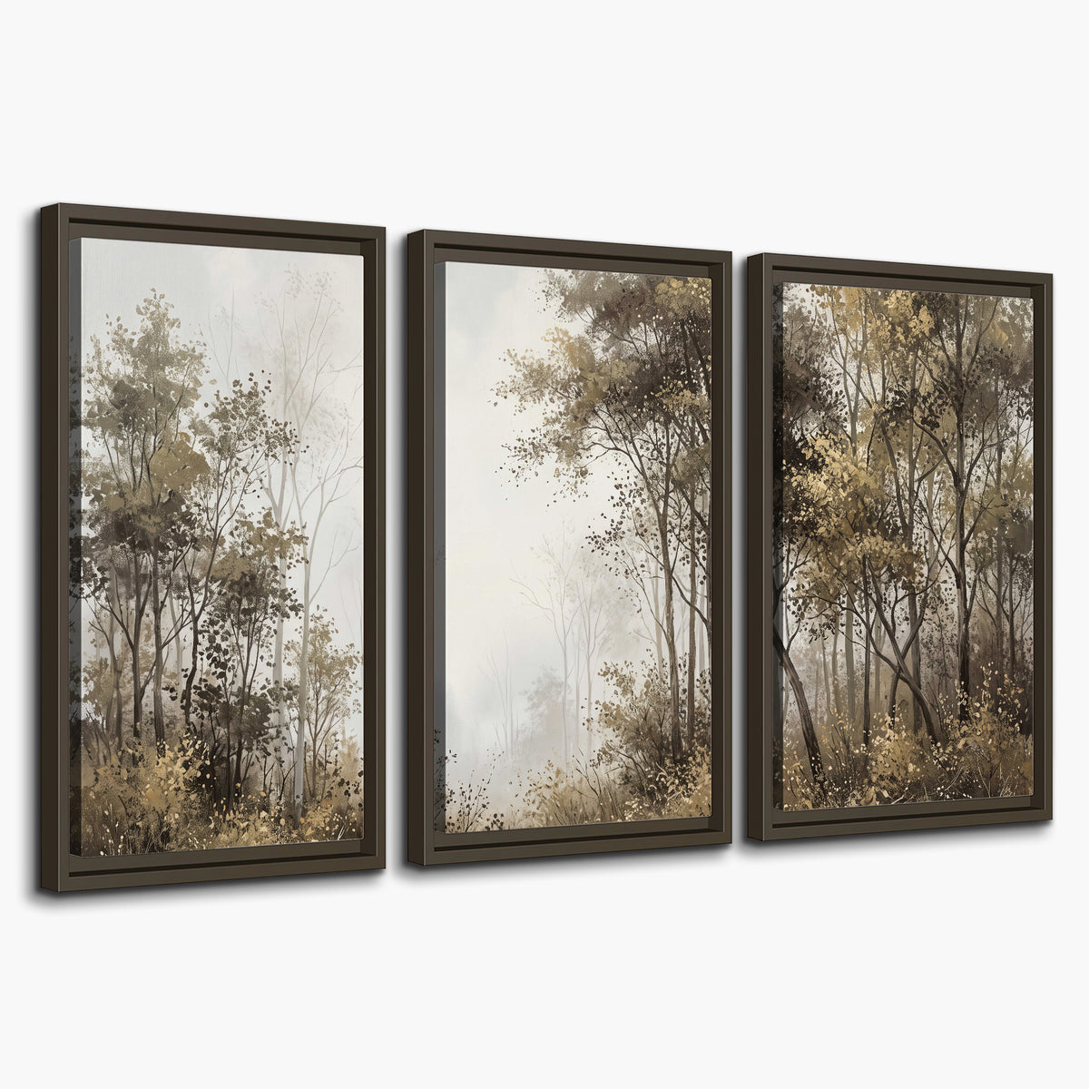Tall autumn trees framing a pale misty woodland clearing 3 piece framed canvas wall art on a white background